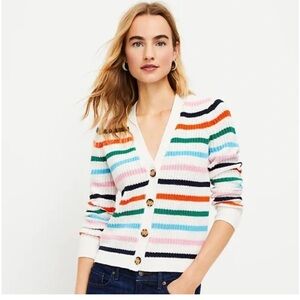 LOFT Stripe Ribbed V-Neck Cardigan Sweater NWT Medium